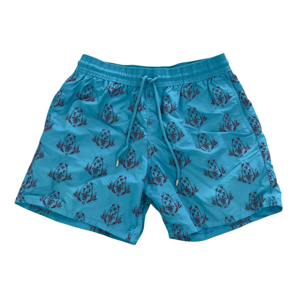 Vilebrequin Men's XL Turquoise Blue Pranayian Turtles 6" Swim Trunks Shorts euc